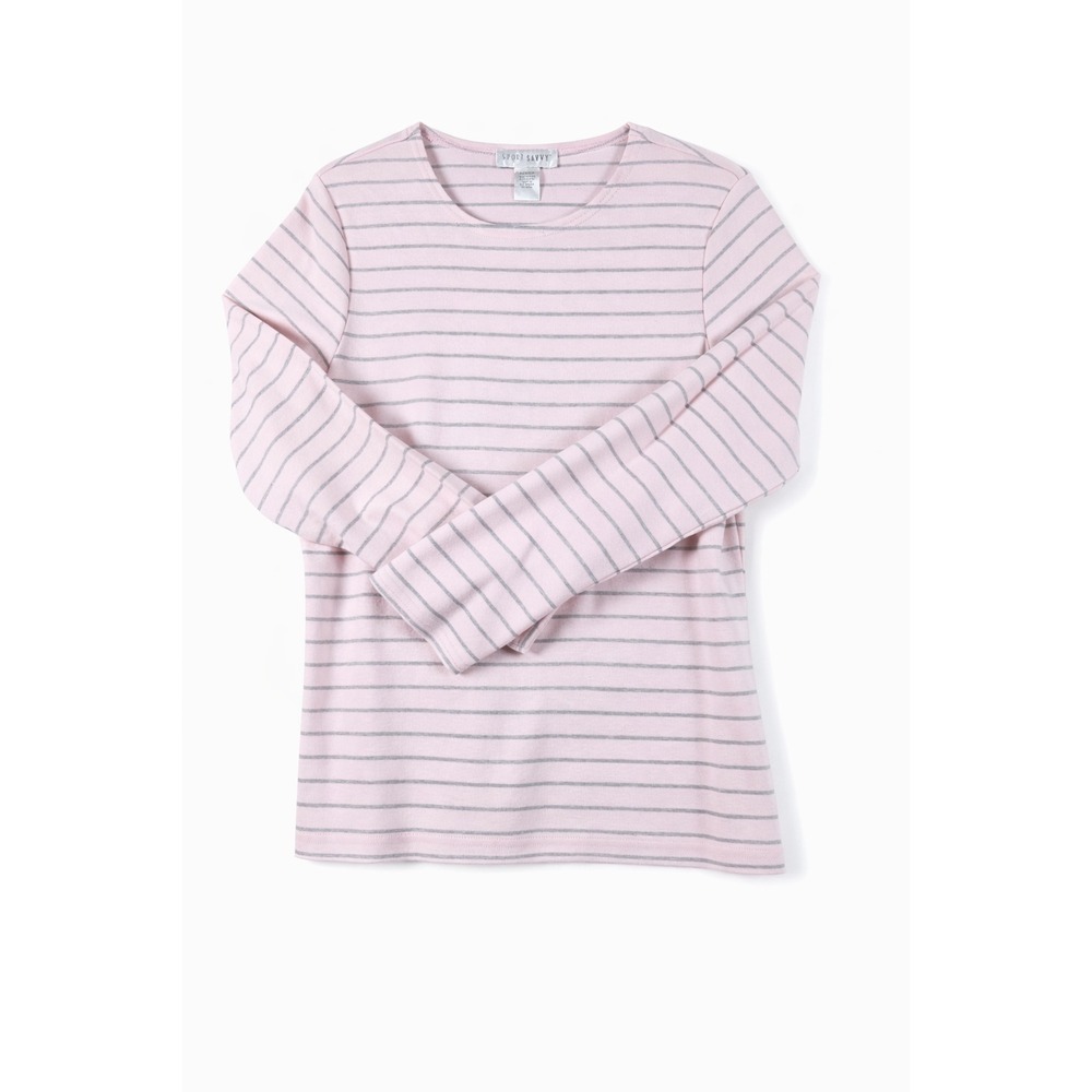Sport Savvy Womens Medium Pink Striped Long Sleeve Shirt‎ Cotton Casual Tee